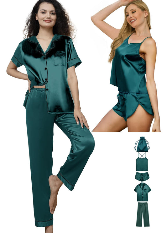 5Pcs Silk Satin Pajamas Set for Women Silky Cami Pjs Sets Sexy Lingerie Womens Pajama Sets Loungewear Sleepwear