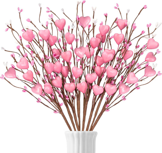 12PCS Valentines Day Decorations Pink Heart Picks - Valentine Artificial Berry Stems Decor for Home Vase Table Centerpiece