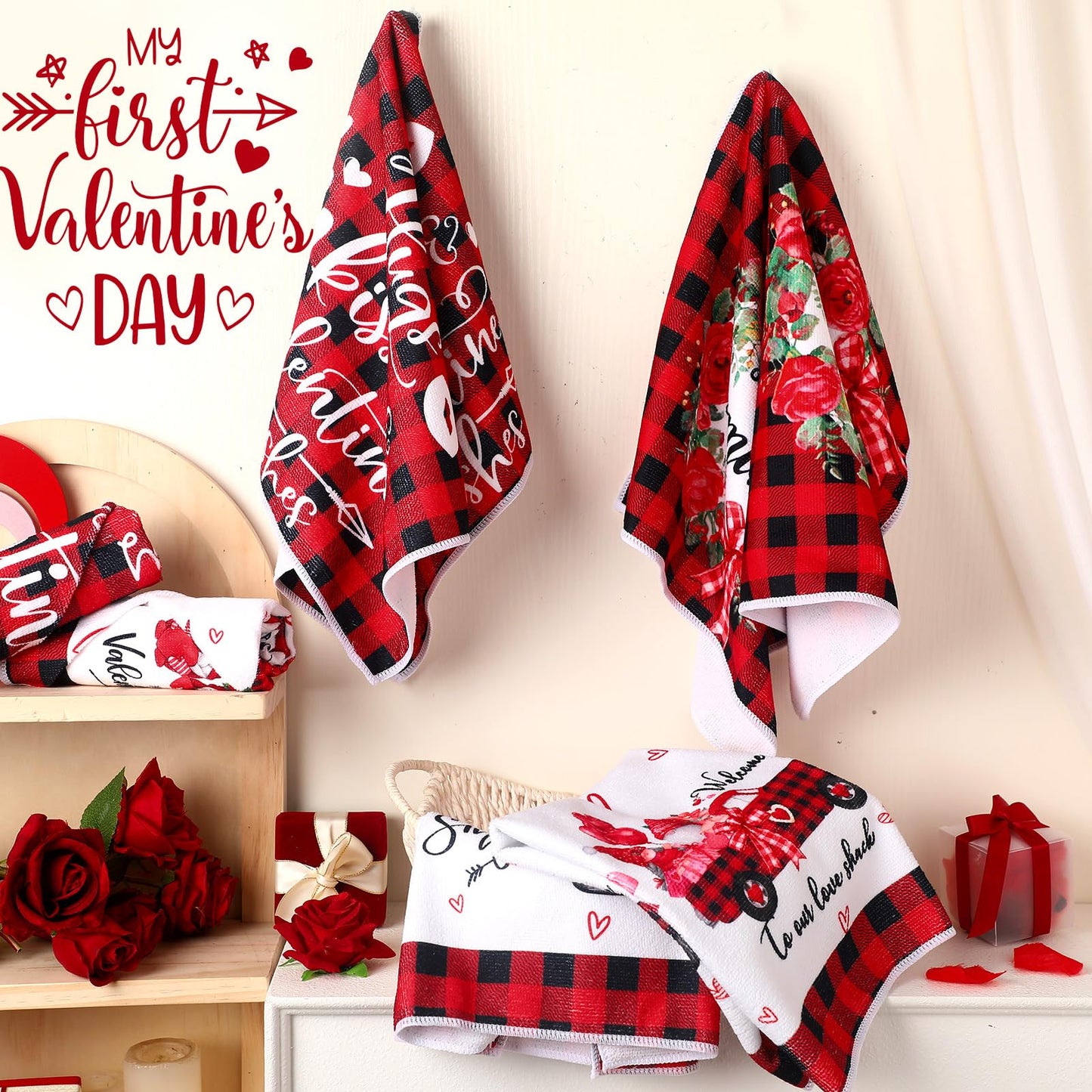 6 Pcs Valentine's Day Kitchen Towels Red Valentine Hand Towels Heart Gnomes Truck Decorative Dish Towels Absorbent Be Mine Tea Towel Valentines Day Decorations for Kitchen Bathroom Gift