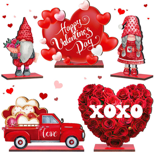 5 Pcs Valentine's Day Wooden Table Sign Decoration Freestanding Table Centerpiece Sign Gnome Heart Truck Wood Valentines Day Table Decorations Romantic Tiered Tray Valentine's Day Table Decor