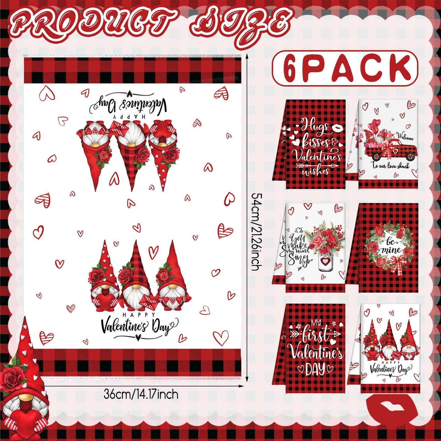 6 Pcs Valentine's Day Kitchen Towels Red Valentine Hand Towels Heart Gnomes Truck Decorative Dish Towels Absorbent Be Mine Tea Towel Valentines Day Decorations for Kitchen Bathroom Gift