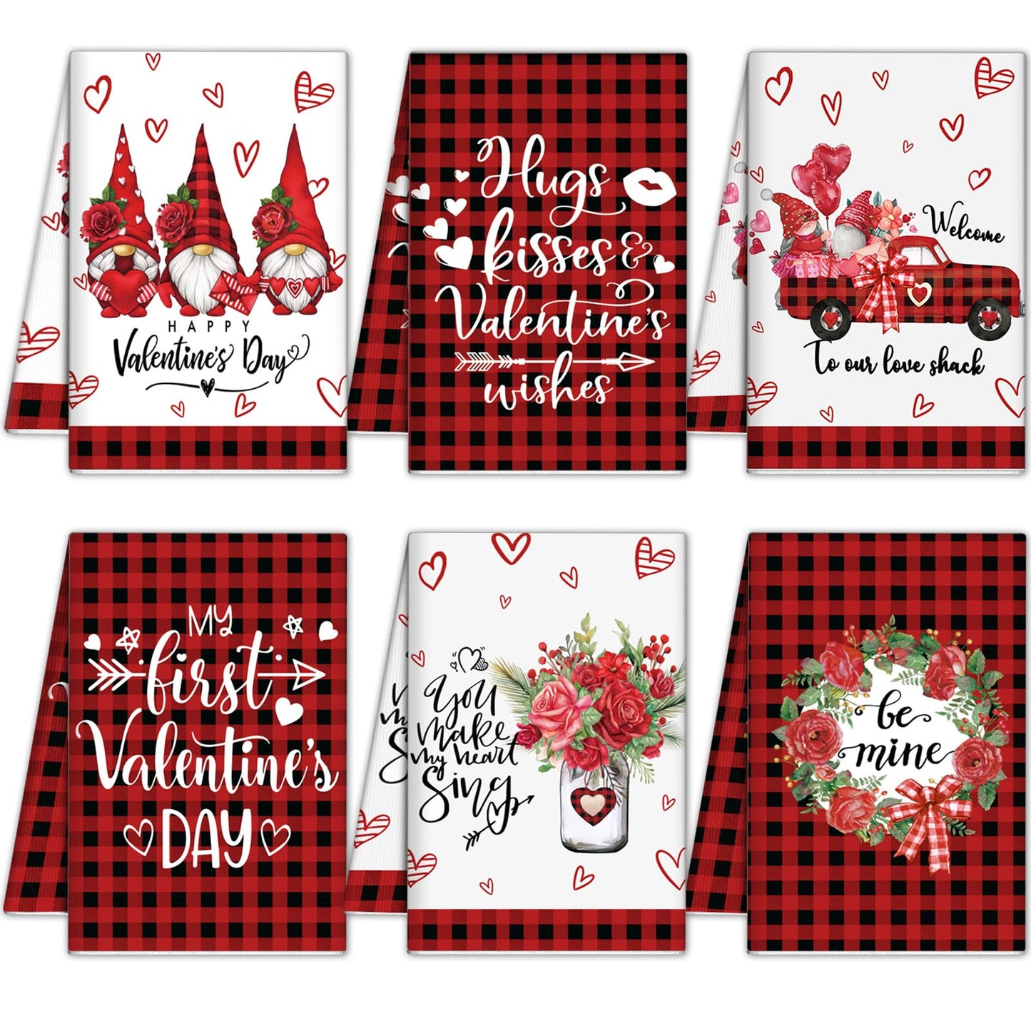 6 Pcs Valentine's Day Kitchen Towels Red Valentine Hand Towels Heart Gnomes Truck Decorative Dish Towels Absorbent Be Mine Tea Towel Valentines Day Decorations for Kitchen Bathroom Gift