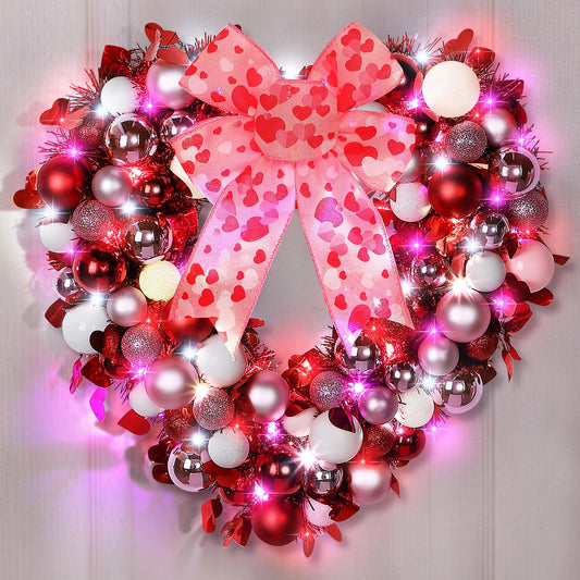 14'' Valentine Wreath Heart Door Wreath for Front Door Wall Window Romantic Decor, 2 Tier Plastic Valentines Day Love Heart Wreath with Bowknot for Valentine's Day Wedding Party (Red Pink White)